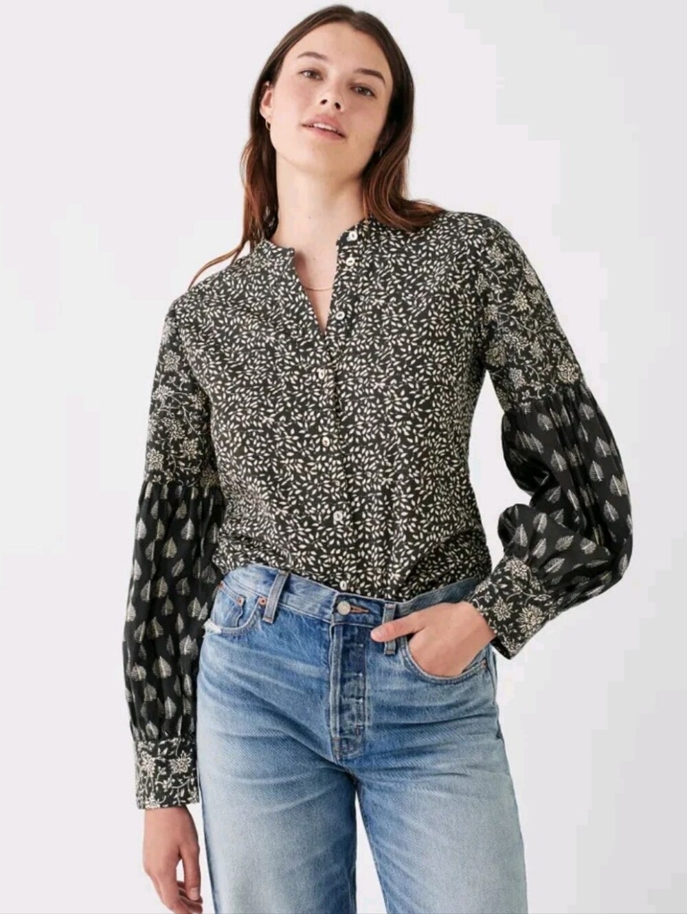 Faherty Adalyn Top Leaf Batik Blouse Womens XS Button Up Long Sleeve